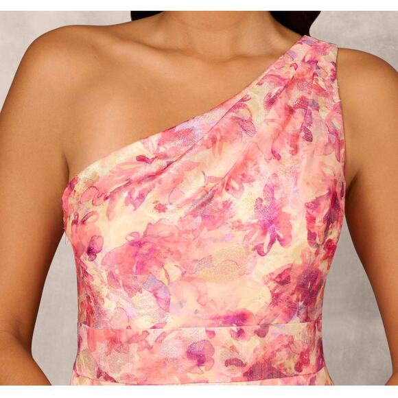 Aidan Mattox Red Multi Printed Jacquard One Shoulder Ball Gown Size 10 - Picture 12 of 12